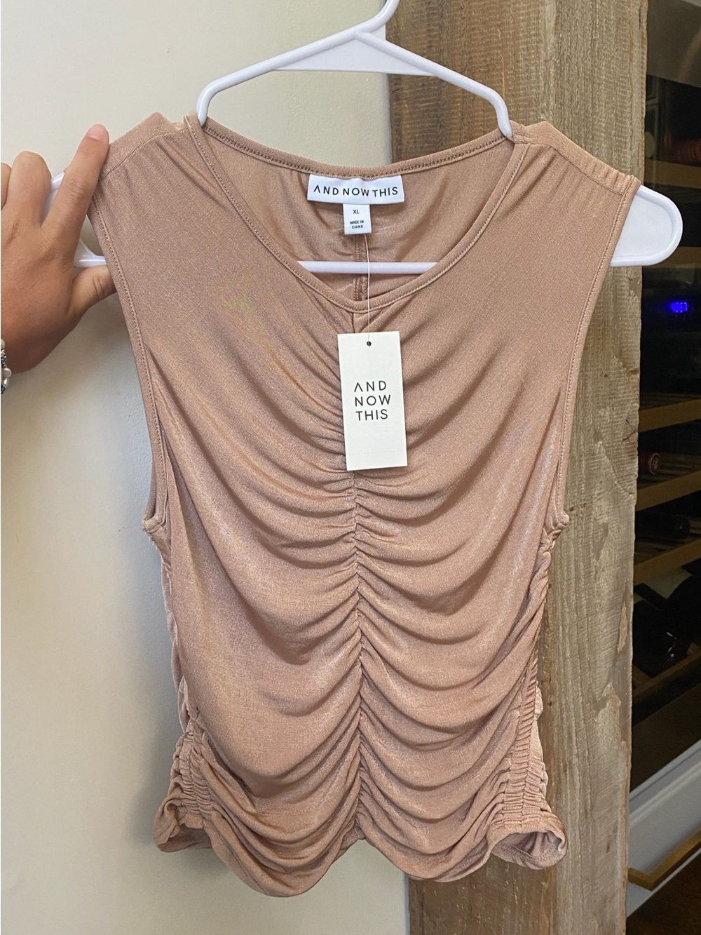 And Now This Beige Shimmer Ruched Tank Top | Size XL | Stretchy Sleeveless